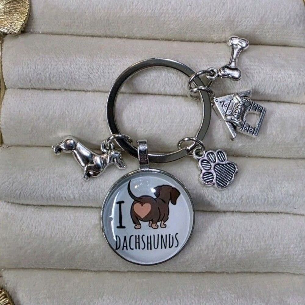 Dachshund Metal Keychain with Charms 'I Love Dachshunds' Dog Paw Bone House
